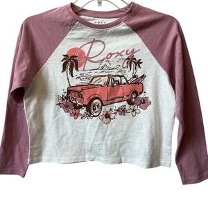 Roxy Long Sleeve Raglan Graphic T Shirt Girls Medium Pink White Tropical NWOT
